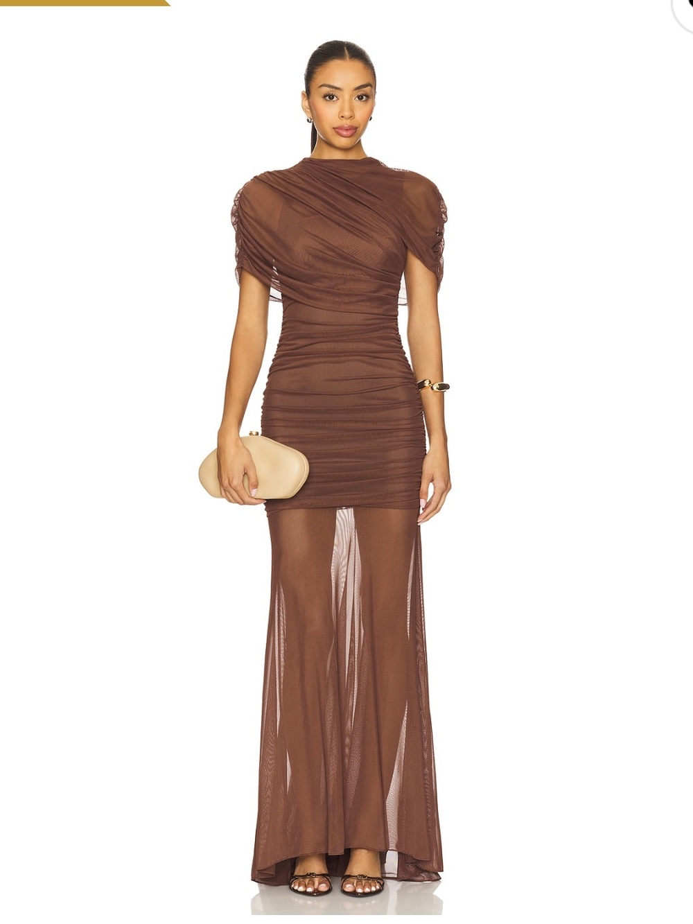 Amanda Uprichard Evianna Brown Ruched Mesh Maxi Dress